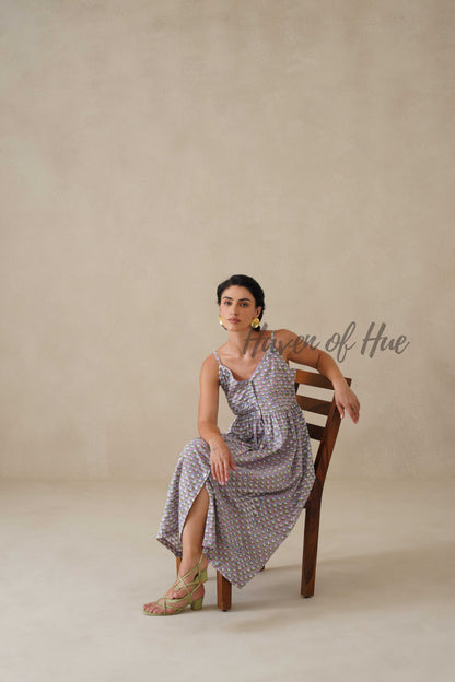 Cotton Midi Dress Summer Boho Lavender Floral Button-Front V-Neck Sun Dress for Women