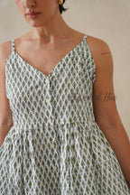 Cotton Midi Dress for Women, Green Floral Strappy V-Neck Summer Sundress