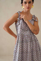 Cotton Midi Dress Summer Floral Print Tie-Strap A-Line Casual Sun Dress - Lavender & Sage Green