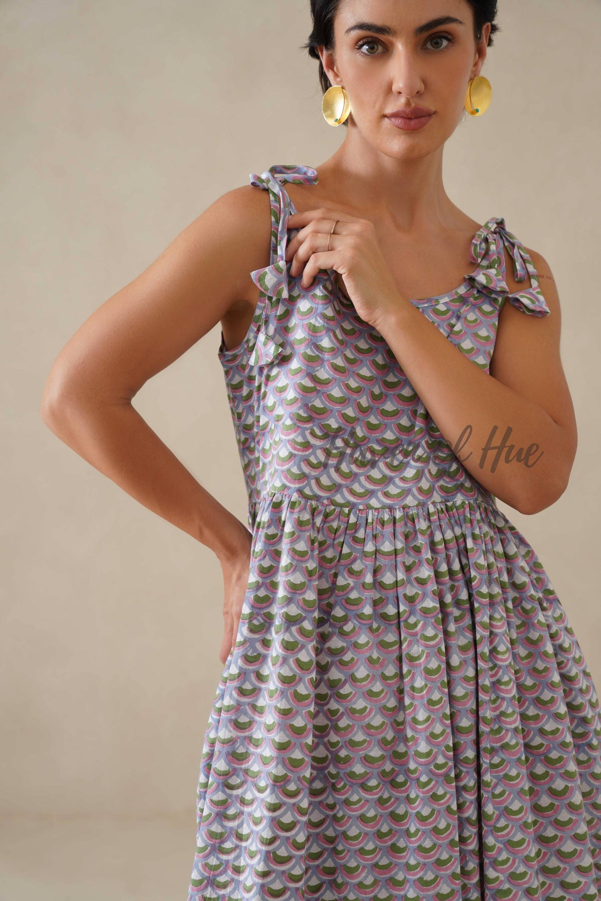 Cotton Midi Dress Summer Floral Print Tie-Strap A-Line Casual Sun Dress - Lavender & Sage Green