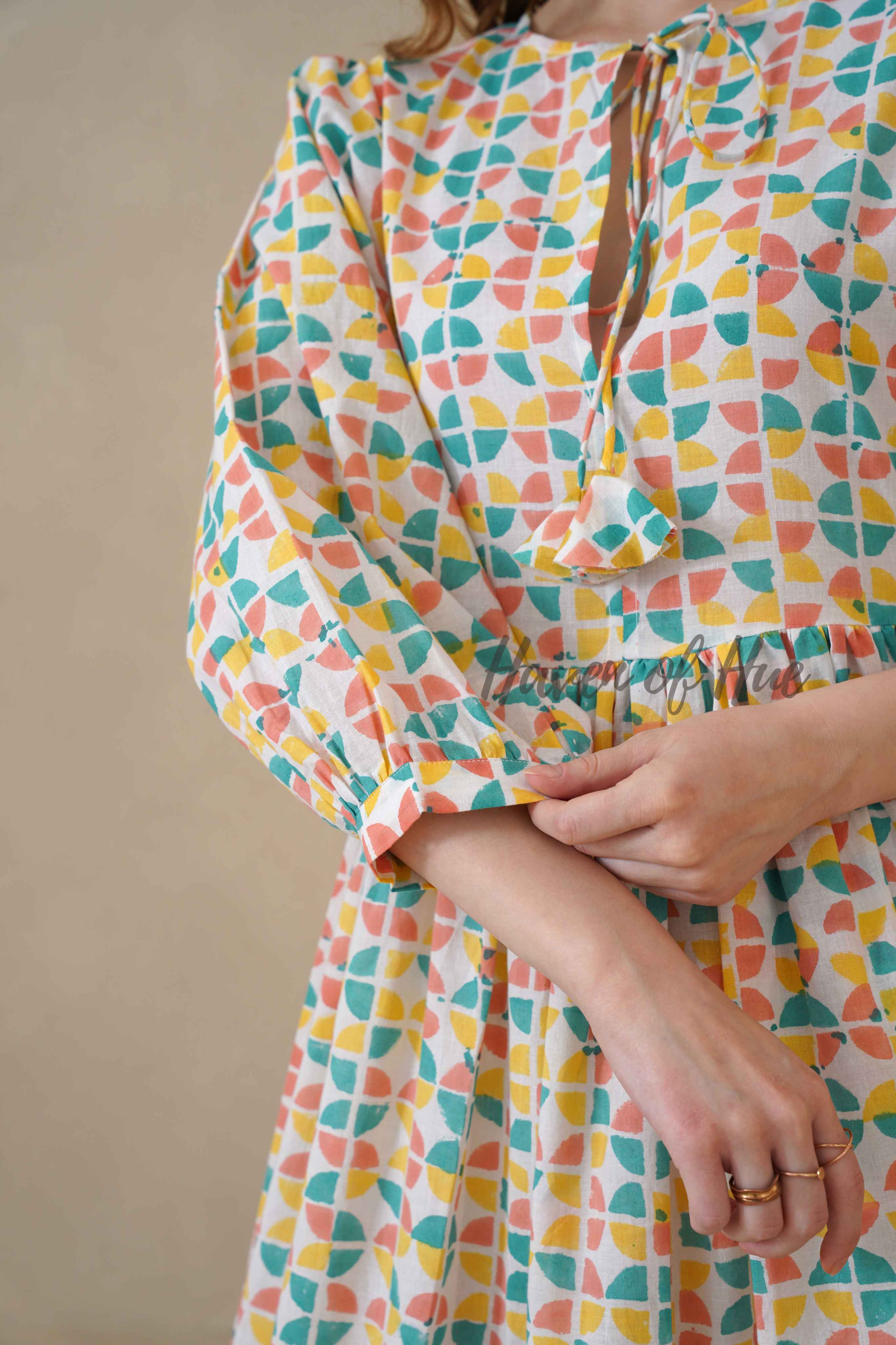 Multicolor Full Sleeve Cotton Dress with Geometric Print