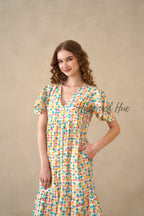 Multicolor Cotton Tiered Dress with Boho Geometric Print