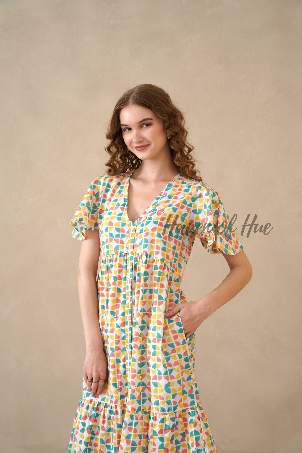 Multicolor Cotton Tiered Dress with Boho Geometric Print