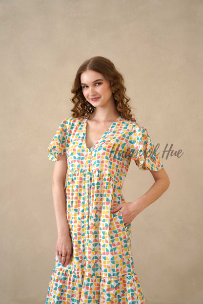 Multicolor Cotton Tiered Dress with Boho Geometric Print
