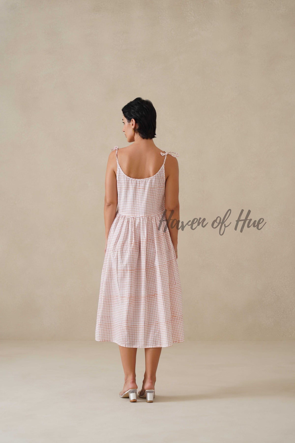 Cotton Midi Dress Summer Gingham Plaid Tie-Strap A-Line Casual Sun Dress - Red & White