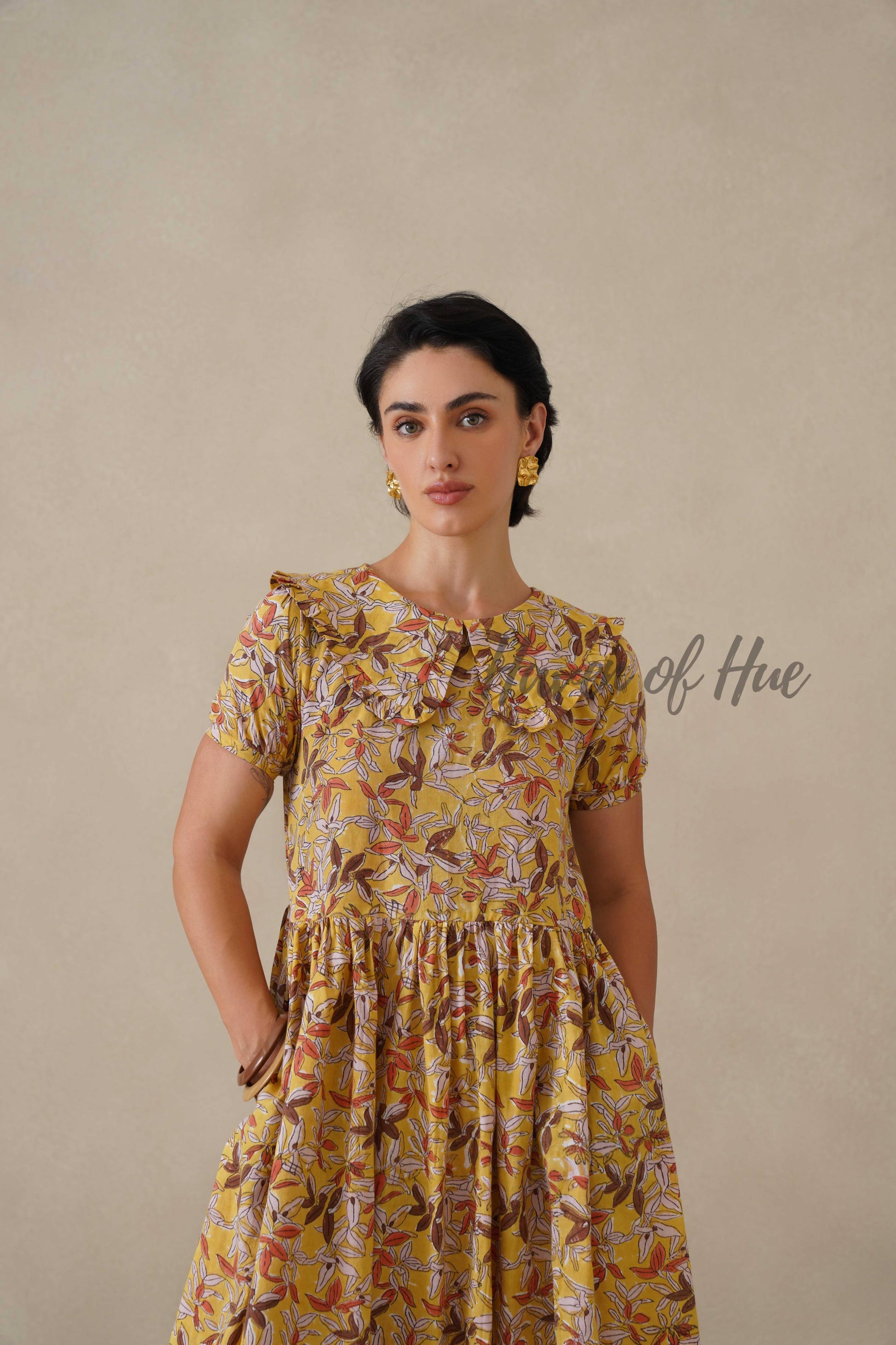 Yellow Floral Cotton Dress | Vintage Ruffle Collar Midi Dress | Boho Summer Short Sleeve Relaxed Fit Smock Dress