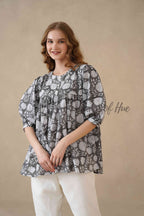 Women’s Gray Floral Hand Block Printed Cotton Boho Relaxed Top