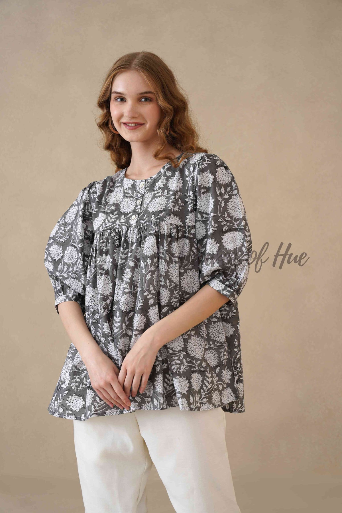 Women’s Gray Floral Hand Block Printed Cotton Boho Relaxed Top