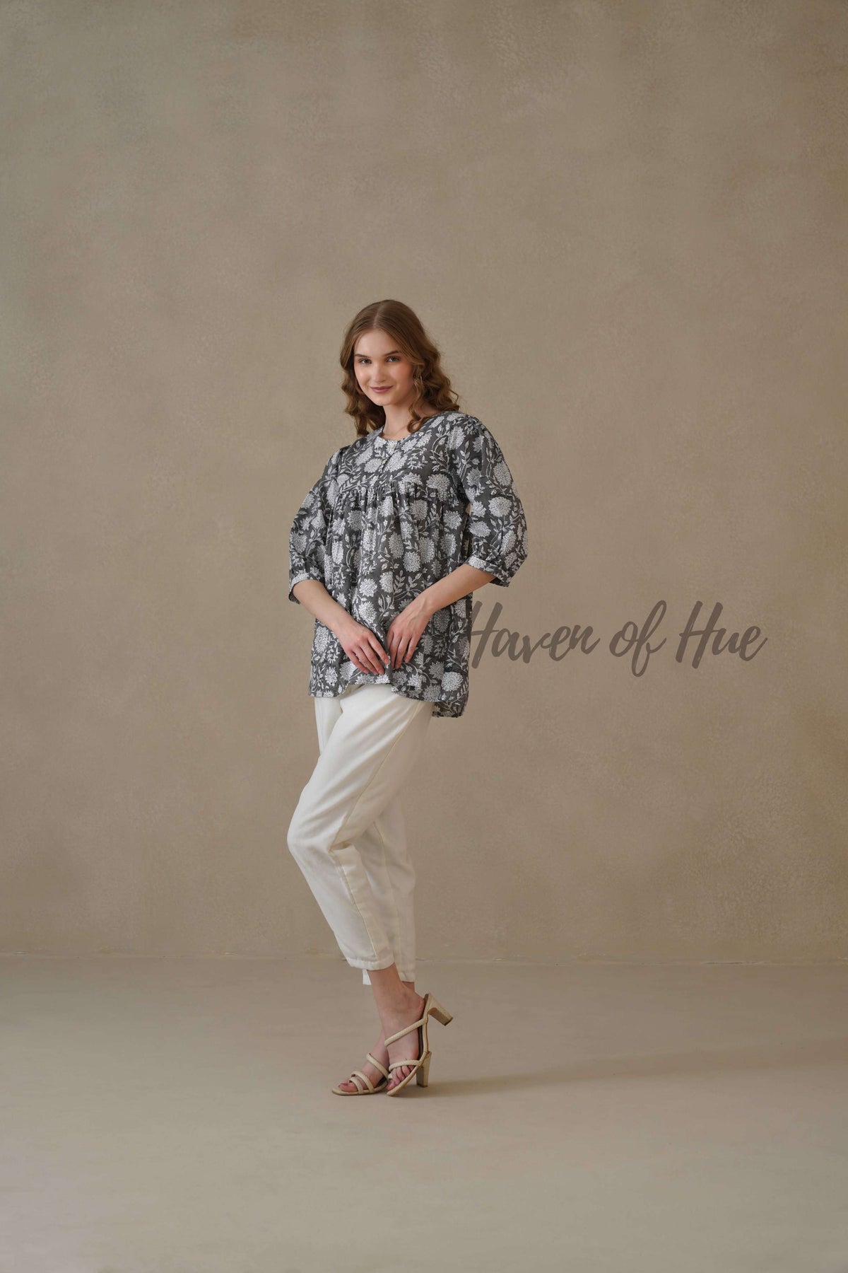 Women’s Gray Floral Hand Block Printed Cotton Relaxed Boho Blouse