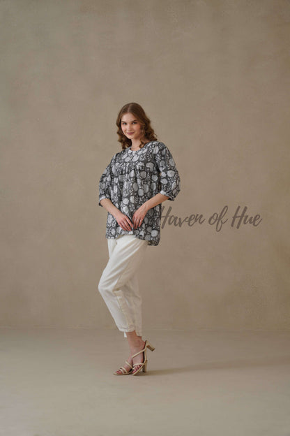 Women’s Gray Floral Hand Block Printed Cotton Relaxed Boho Blouse