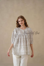 Women’s Gray Floral Hand Block Printed Cotton A-Line Boho Blouse
