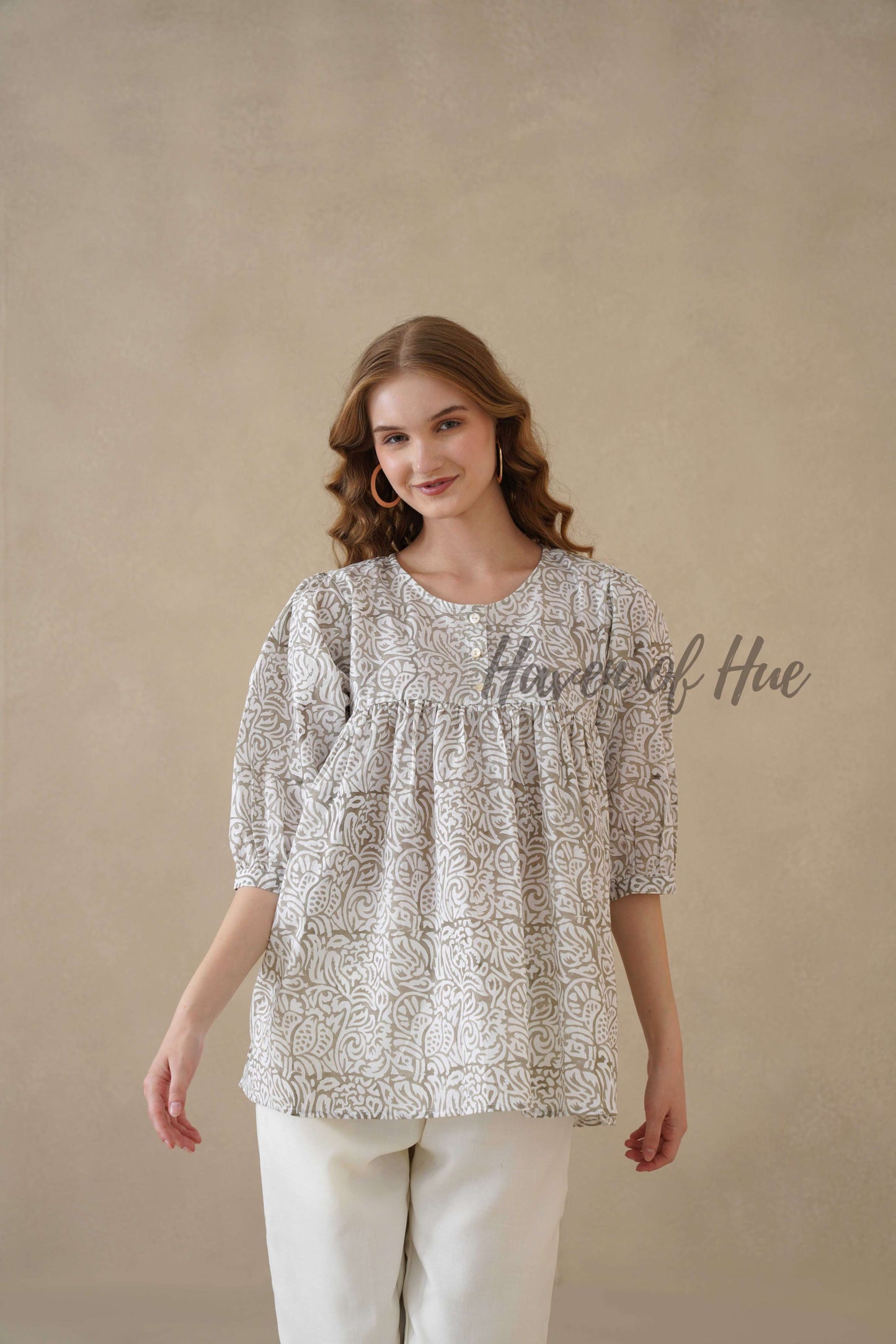 Women’s Gray Floral Hand Block Printed Cotton A-Line Boho Blouse