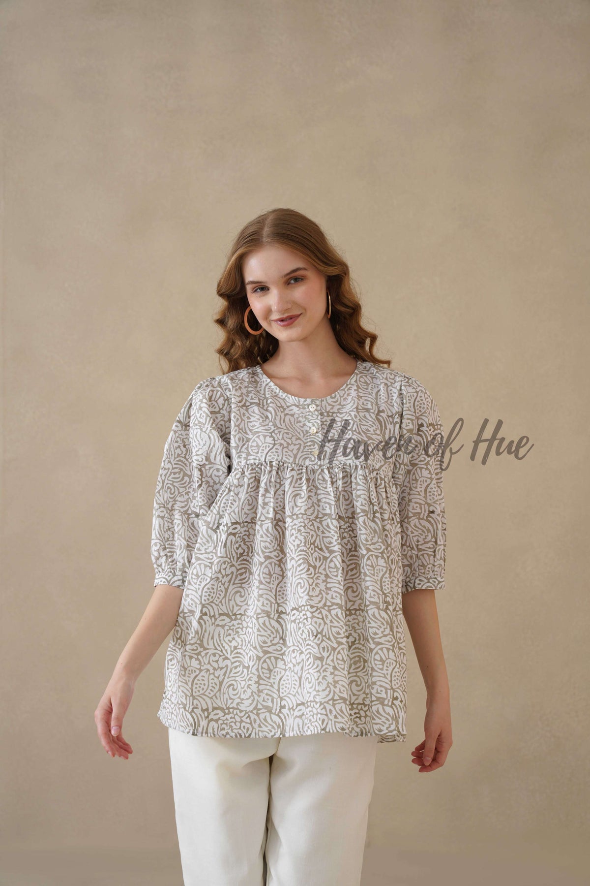 Women’s Gray Floral Hand Block Printed Cotton A-Line Boho Blouse