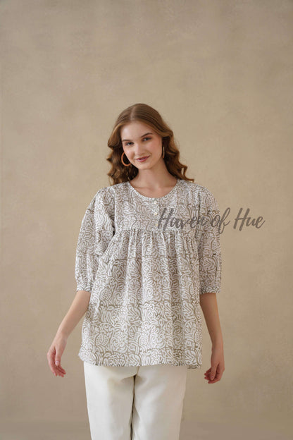 Women’s Gray Floral Hand Block Printed Cotton A-Line Boho Blouse
