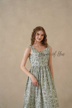 Green Block Print Sleeveless Cotton Midi Summer Dress