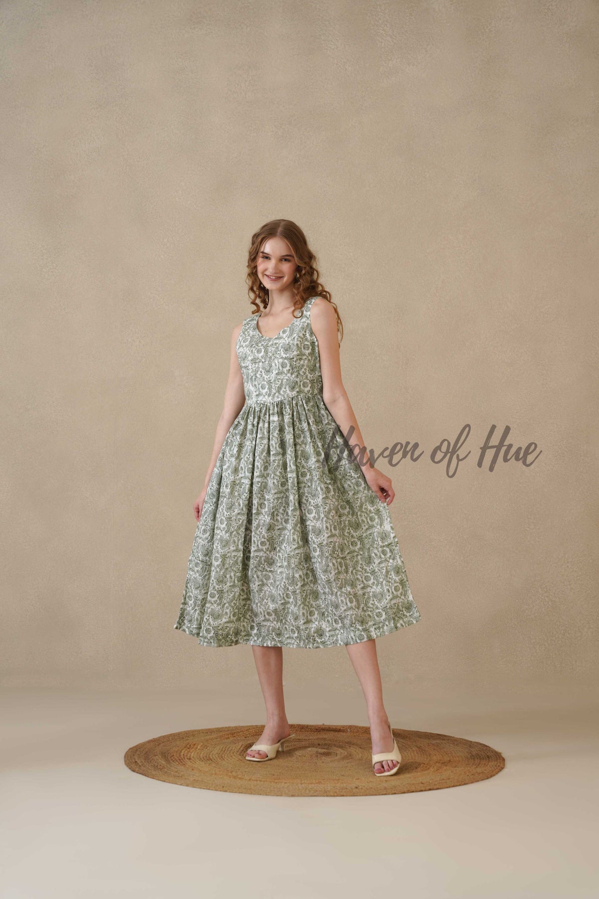 Green Block Print Sleeveless Cotton Midi Summer Dress