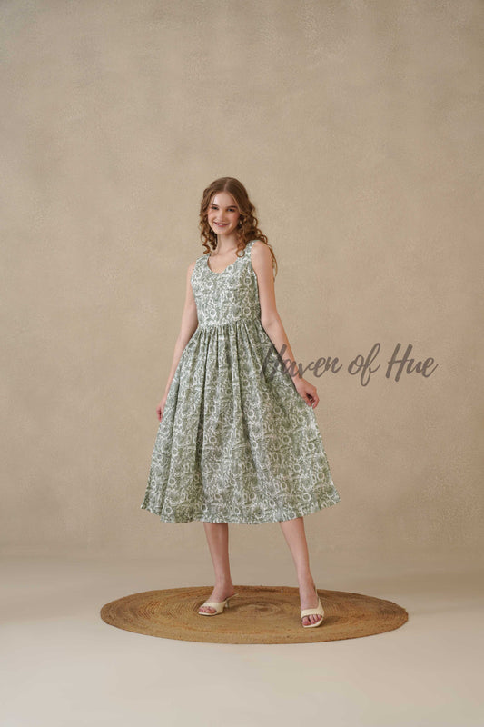 Green Block Print Sleeveless Cotton Midi Summer Dress