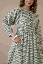 Green Full Sleeve Cotton Dress with Geometric Print