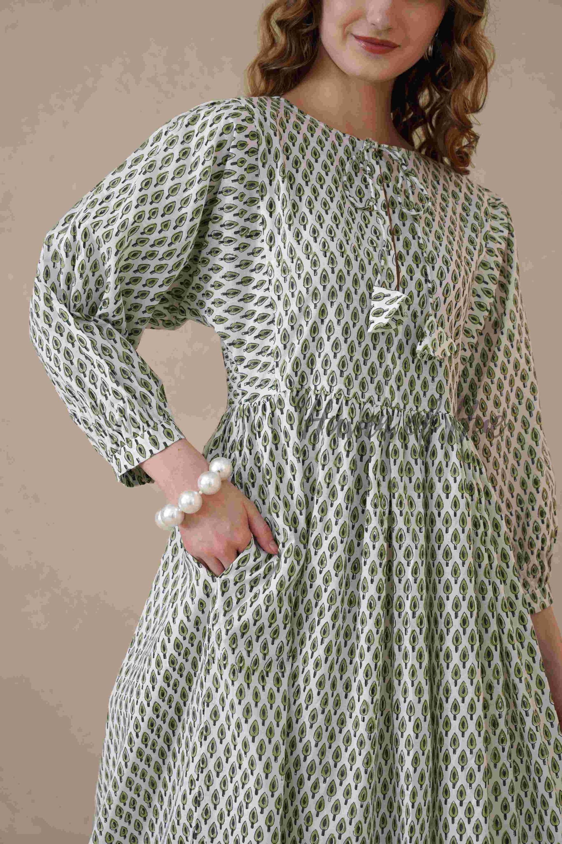 Green Full Sleeve Cotton Dress with Geometric Print
