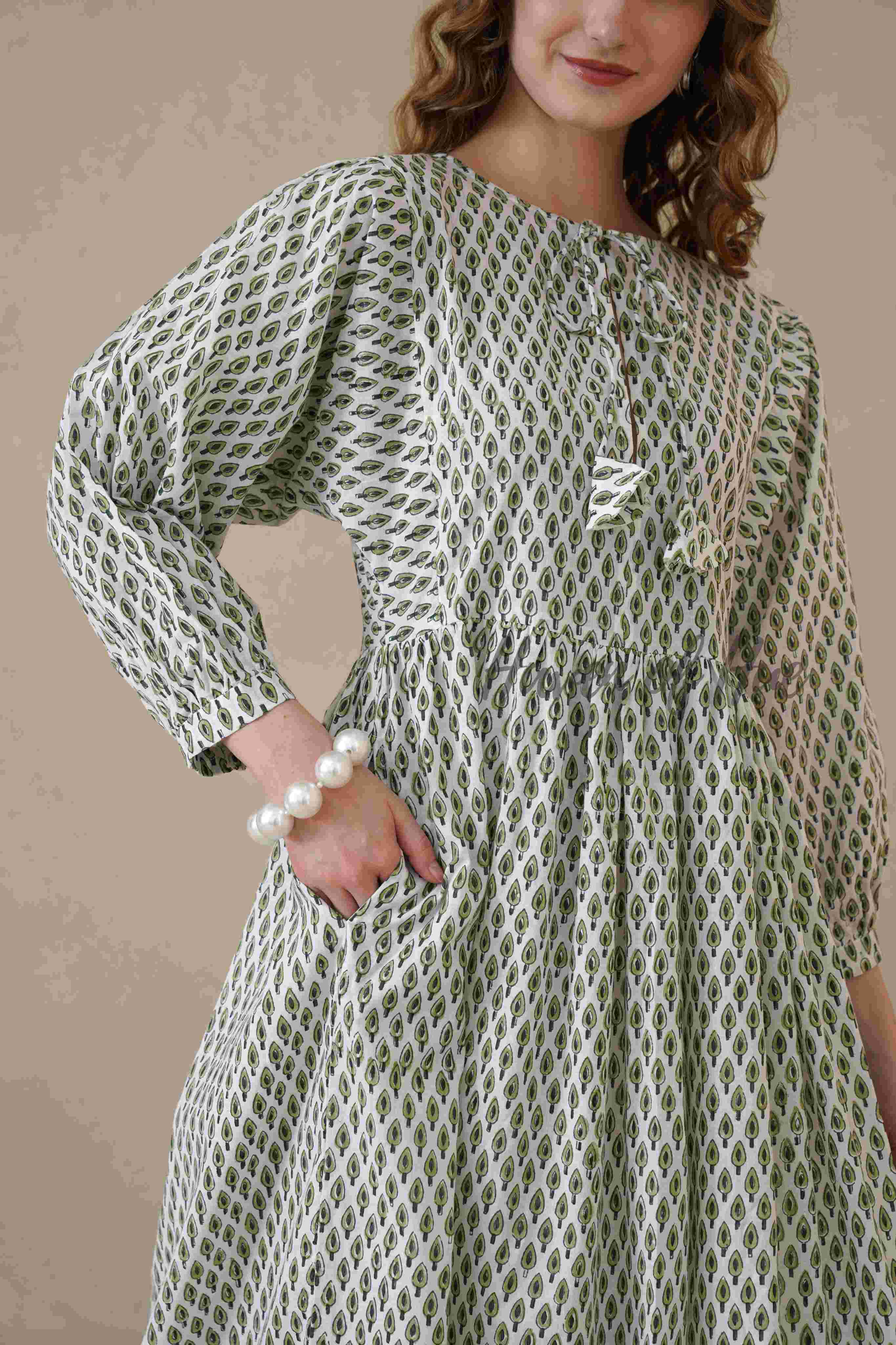 Green Full Sleeve Cotton Dress with Geometric Print