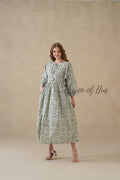Green Cotton Tiered Dress – Boho Floral Short Sleeve Midi