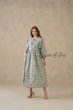 Green Cotton Tiered Dress – Boho Floral Short Sleeve Midi