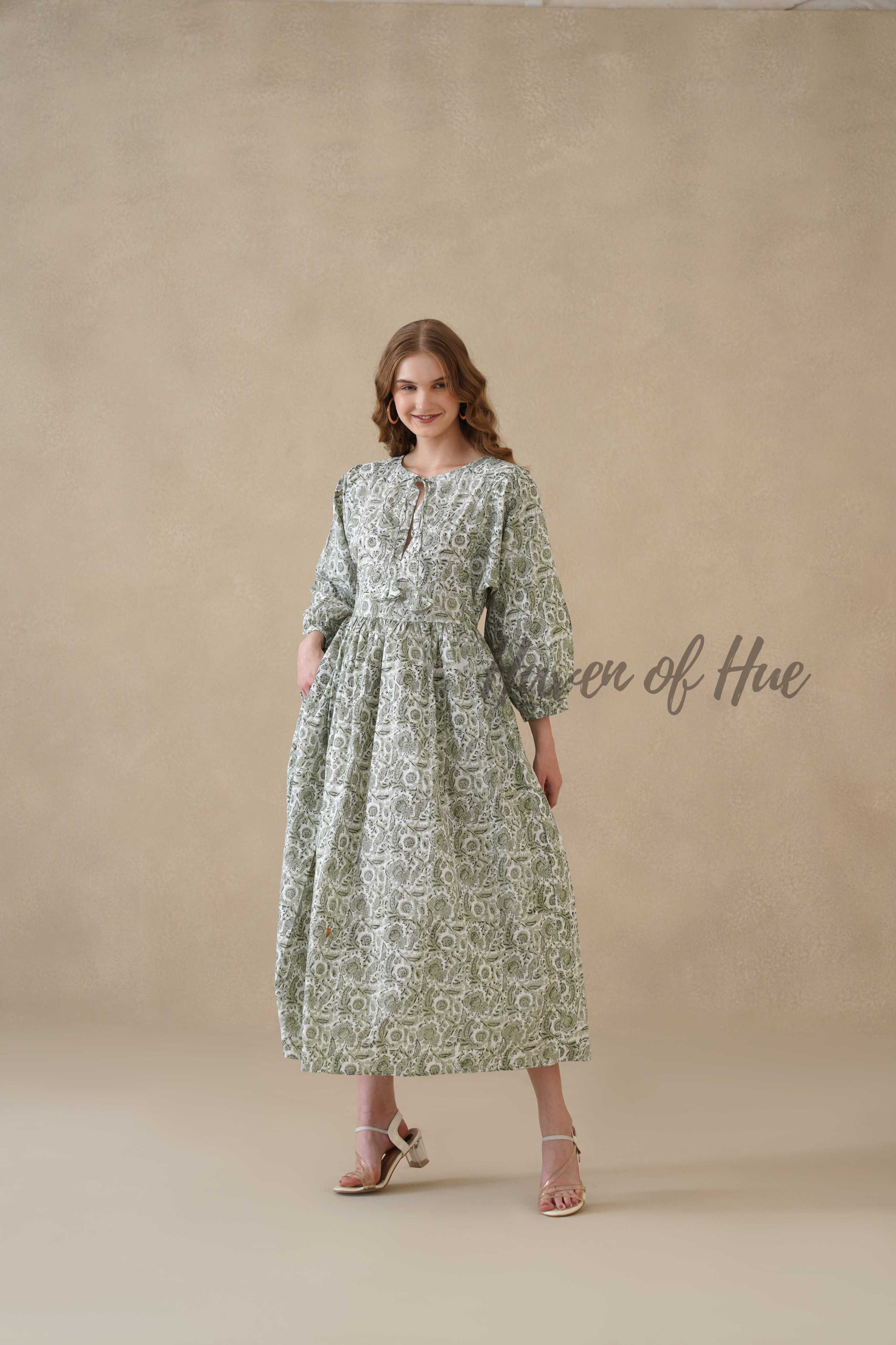 Green Cotton Tiered Dress – Boho Floral Short Sleeve Midi
