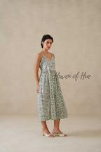Cotton Midi Dress Summer Floral Print Sleeveless Boho Sundress for Women - Sage Green Relaxed Fit Casual Vacation Dress