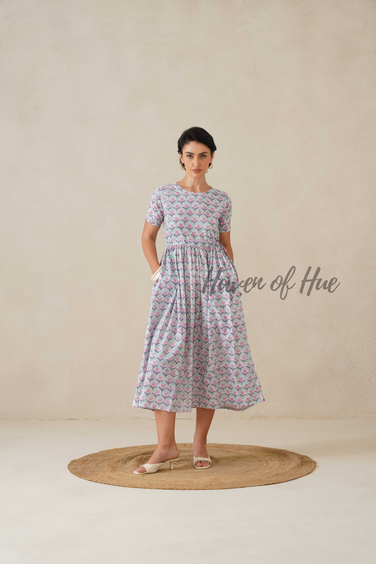 Green Base Floral Cotton Midi Dress - Boho Short Sleeve Cottagecore Dress