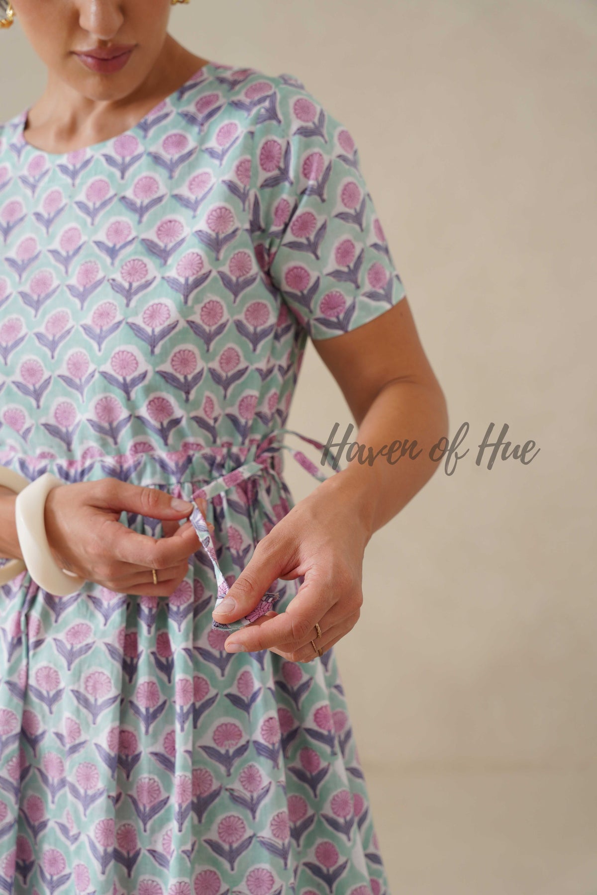 Green Base Floral Cotton Midi Dress - Boho Short Sleeve Cottagecore Dress