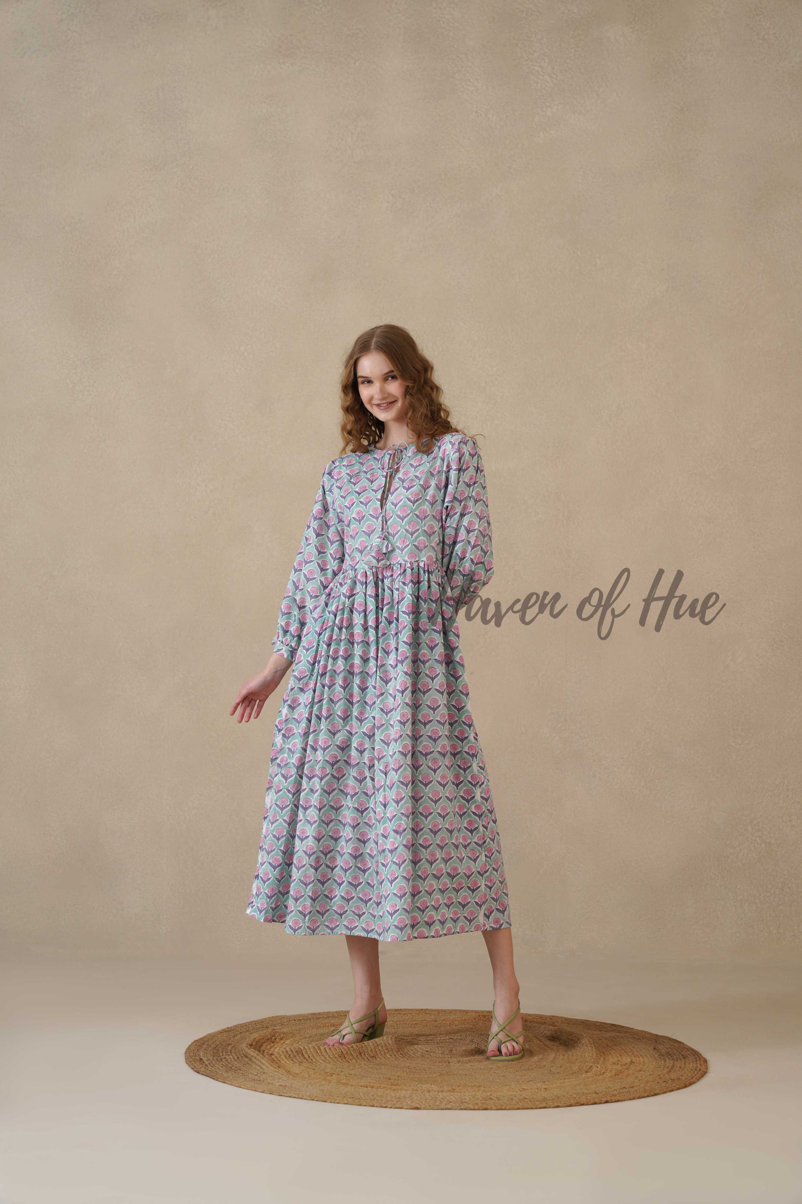 Green Full Sleeve Cotton Dress with Floral Print