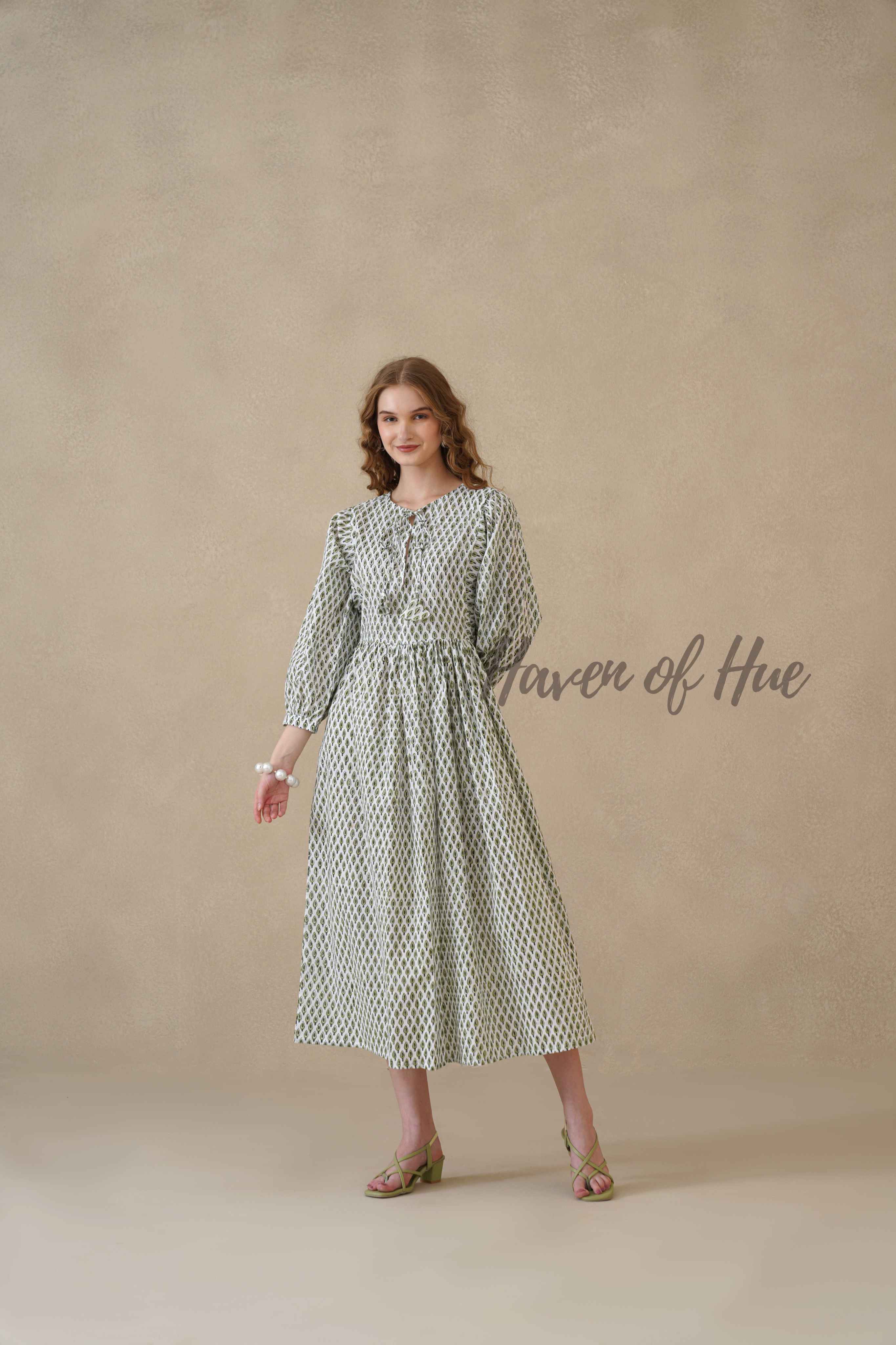Green Full Sleeve Cotton Dress with Geometric Print
