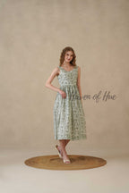 Green Block Print Sleeveless Cotton Midi Summer Dress