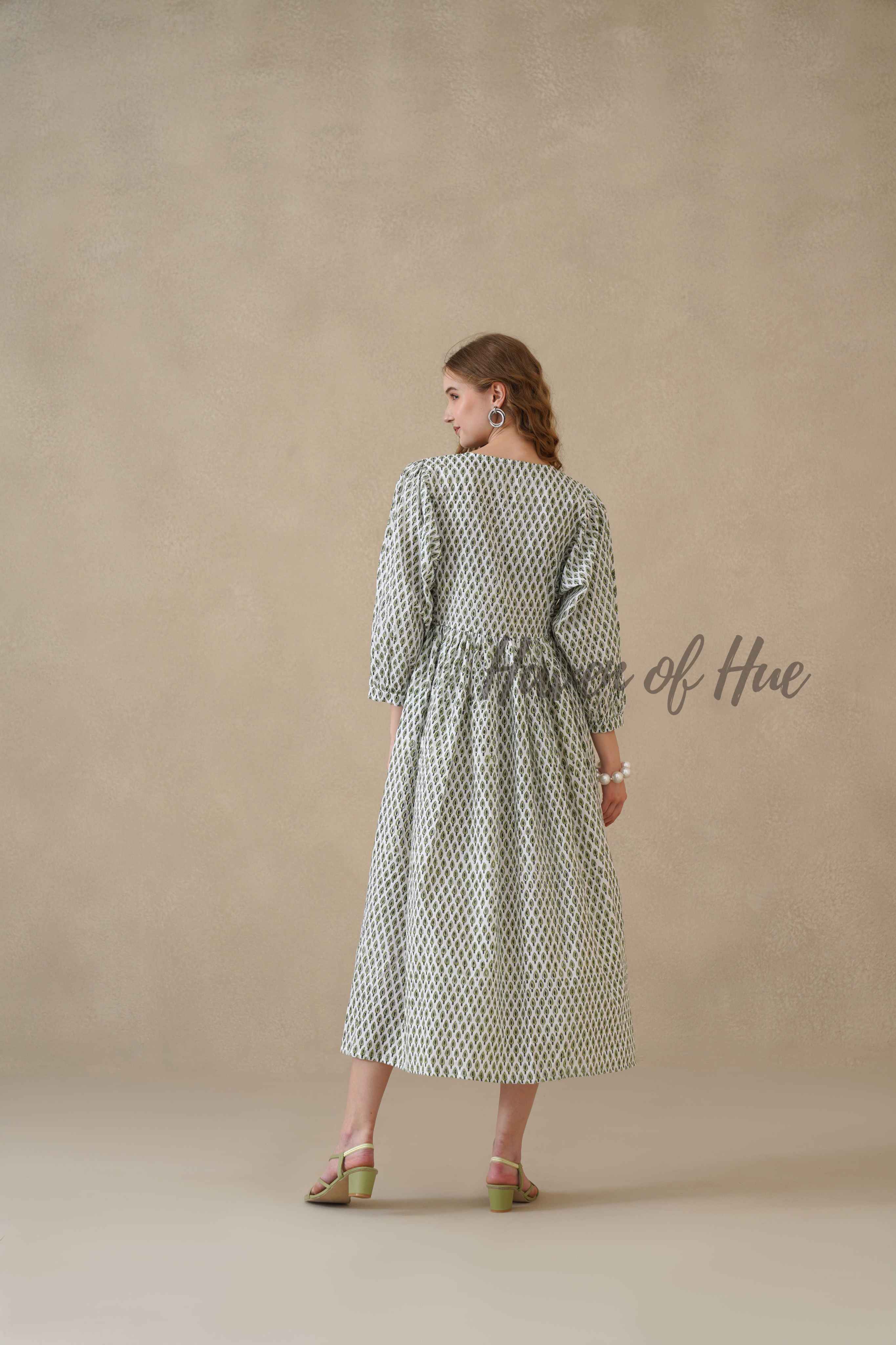 Green Full Sleeve Cotton Dress with Geometric Print