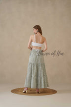 Women’s Sage Green Floral Print Cotton Boho Tiered Maxi Skirt