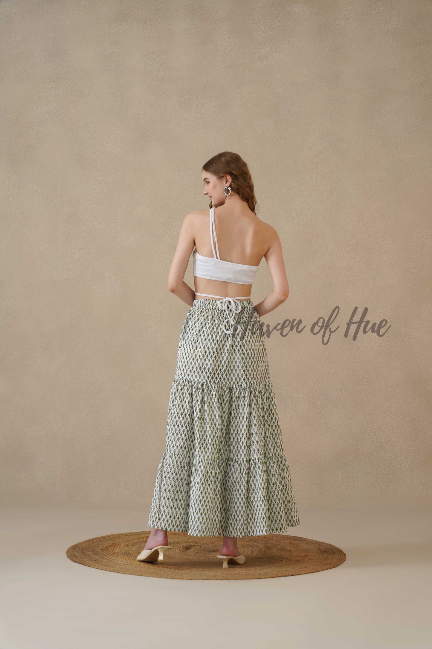 Women’s Sage Green Floral Print Cotton Boho Tiered Maxi Skirt