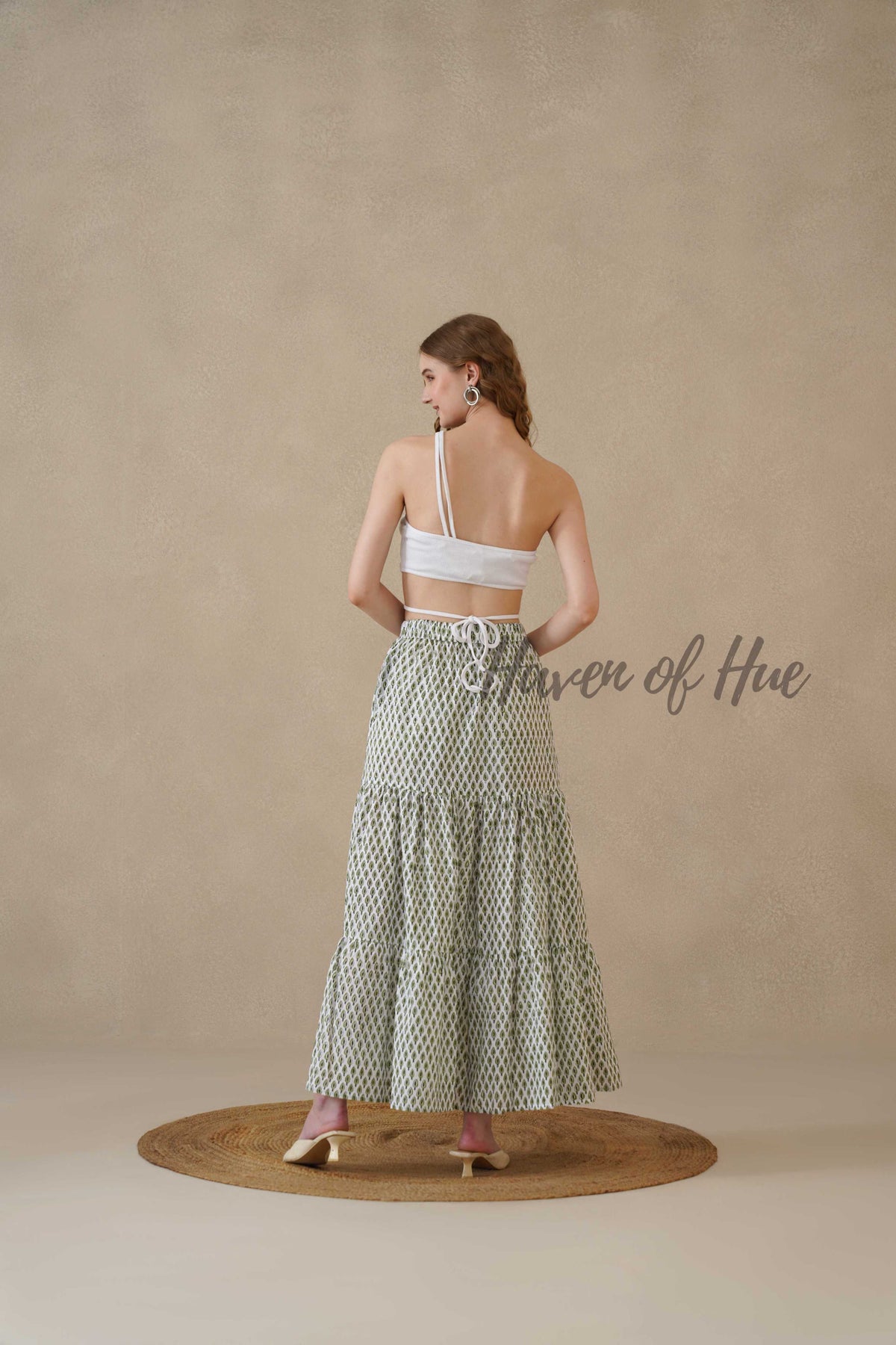Women’s Sage Green Floral Print Cotton Boho Tiered Maxi Skirt