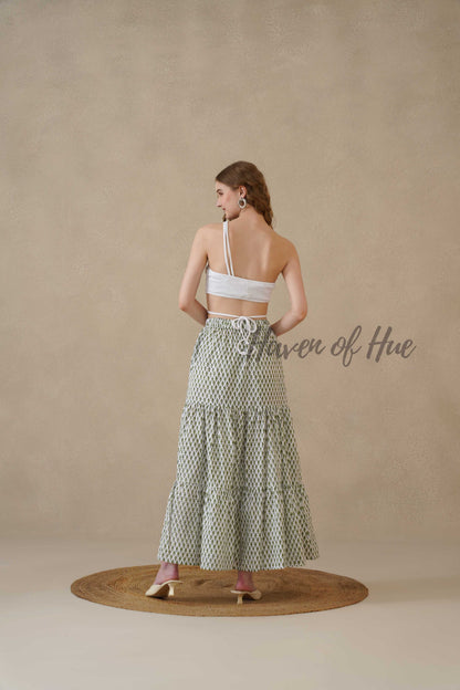 Women’s Sage Green Floral Print Cotton Boho Tiered Maxi Skirt