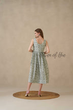 Green Block Print Sleeveless Cotton Midi Summer Dress