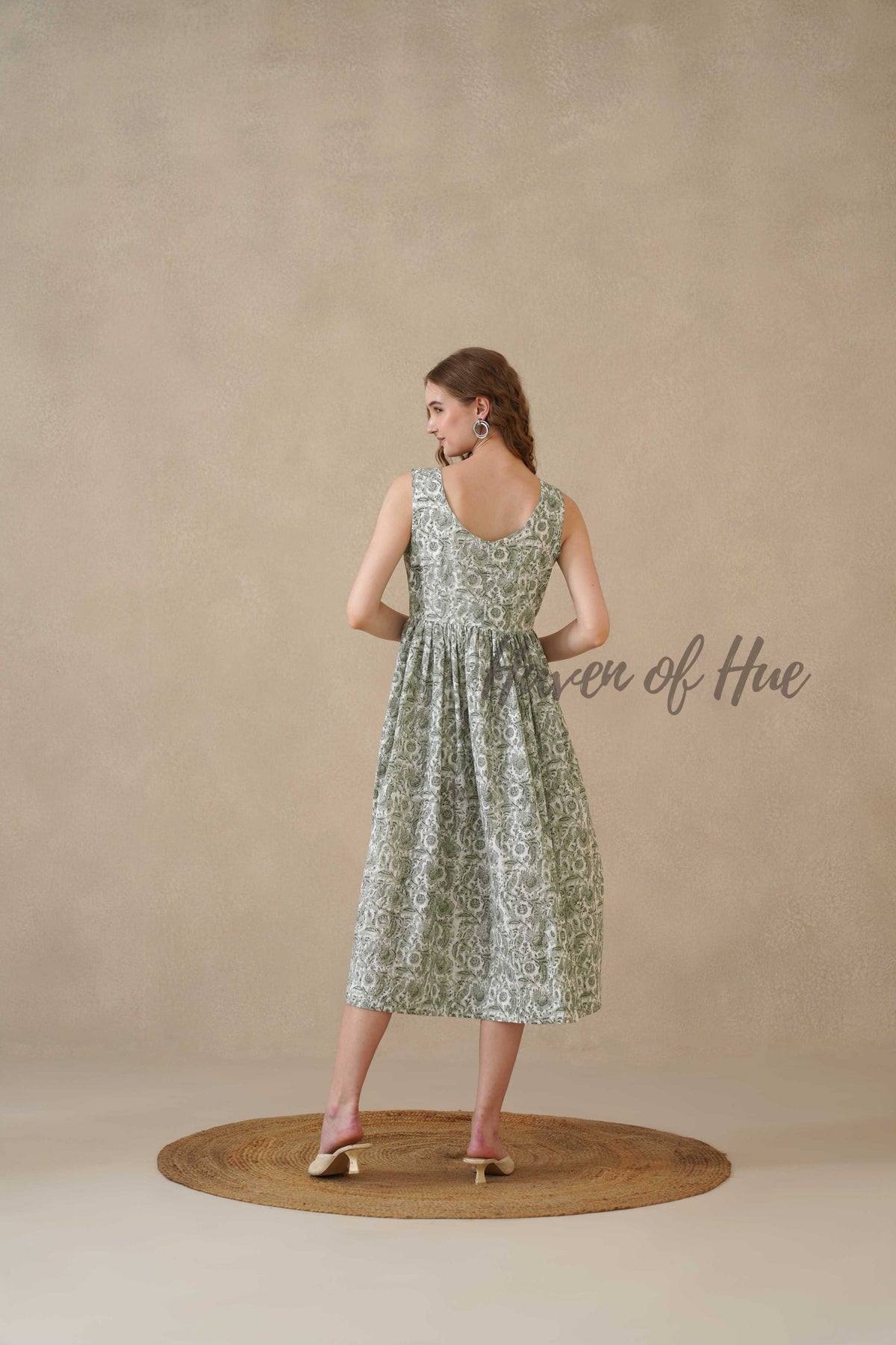 Green Block Print Sleeveless Cotton Midi Summer Dress