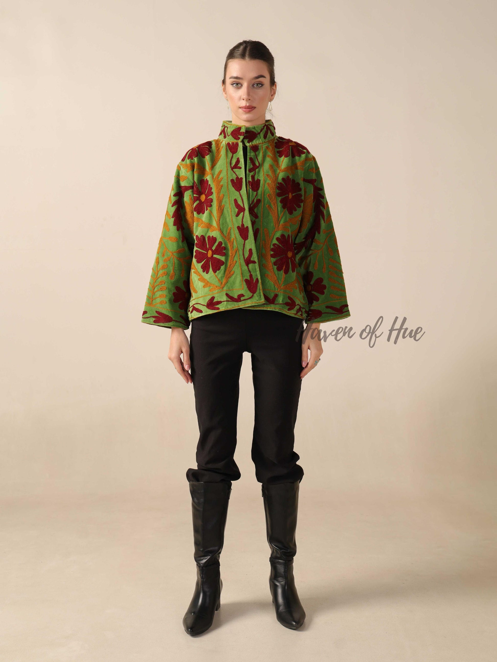 Women's Green Suzani Velvet Jacket Boho Maroon Floral Embroidered Coat