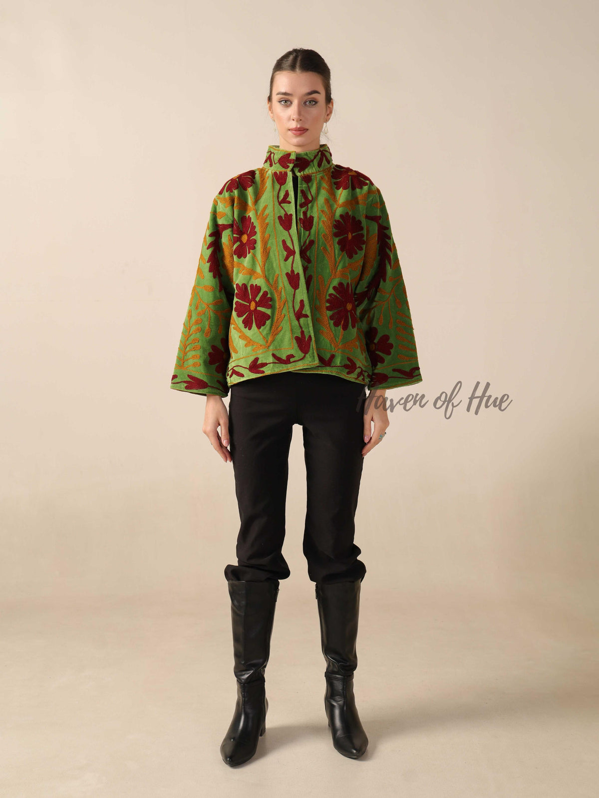 Women's Green Suzani Velvet Jacket Boho Maroon Floral Embroidered Coat