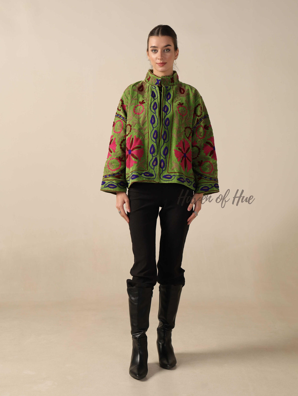 Women's Green Suzani Velvet Jacket Pink Floral Embroidered Boho Coat