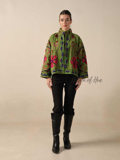 Women's Green Suzani Velvet Jacket Pink Floral Embroidered Boho Coat