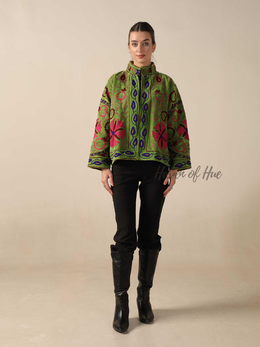 Women's Green Suzani Velvet Jacket Pink Floral Embroidered Boho Coat