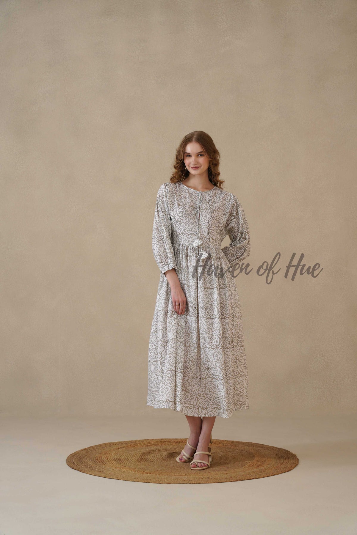 Grey Block Print Cotton Dress with Full Sleeves