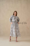 Grey Cotton Tiered Dress – Boho Floral Short Sleeve Midi