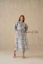 Grey Cotton Tiered Dress – Boho Floral Short Sleeve Midi