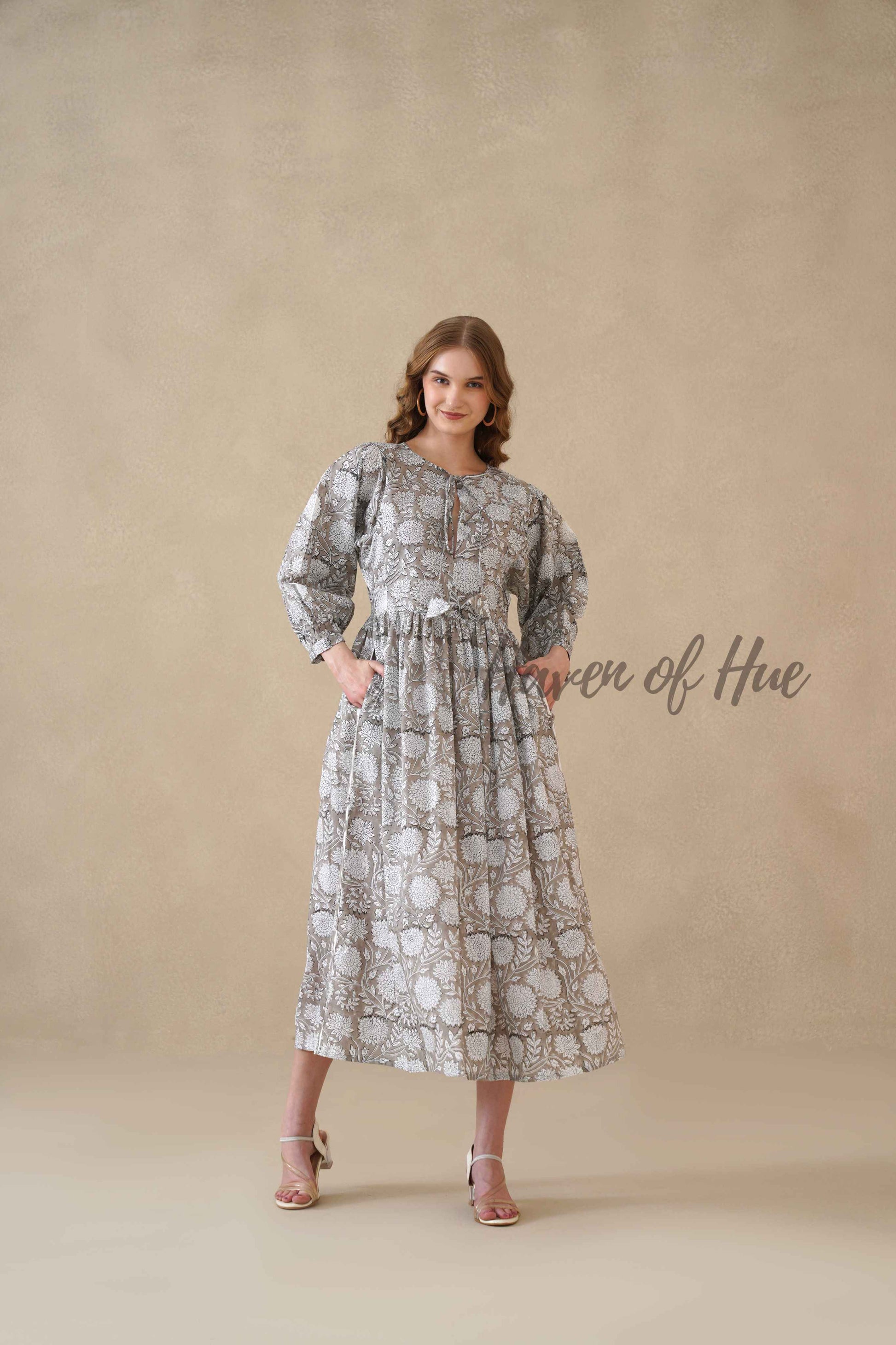 Grey Cotton Tiered Dress – Boho Floral Short Sleeve Midi