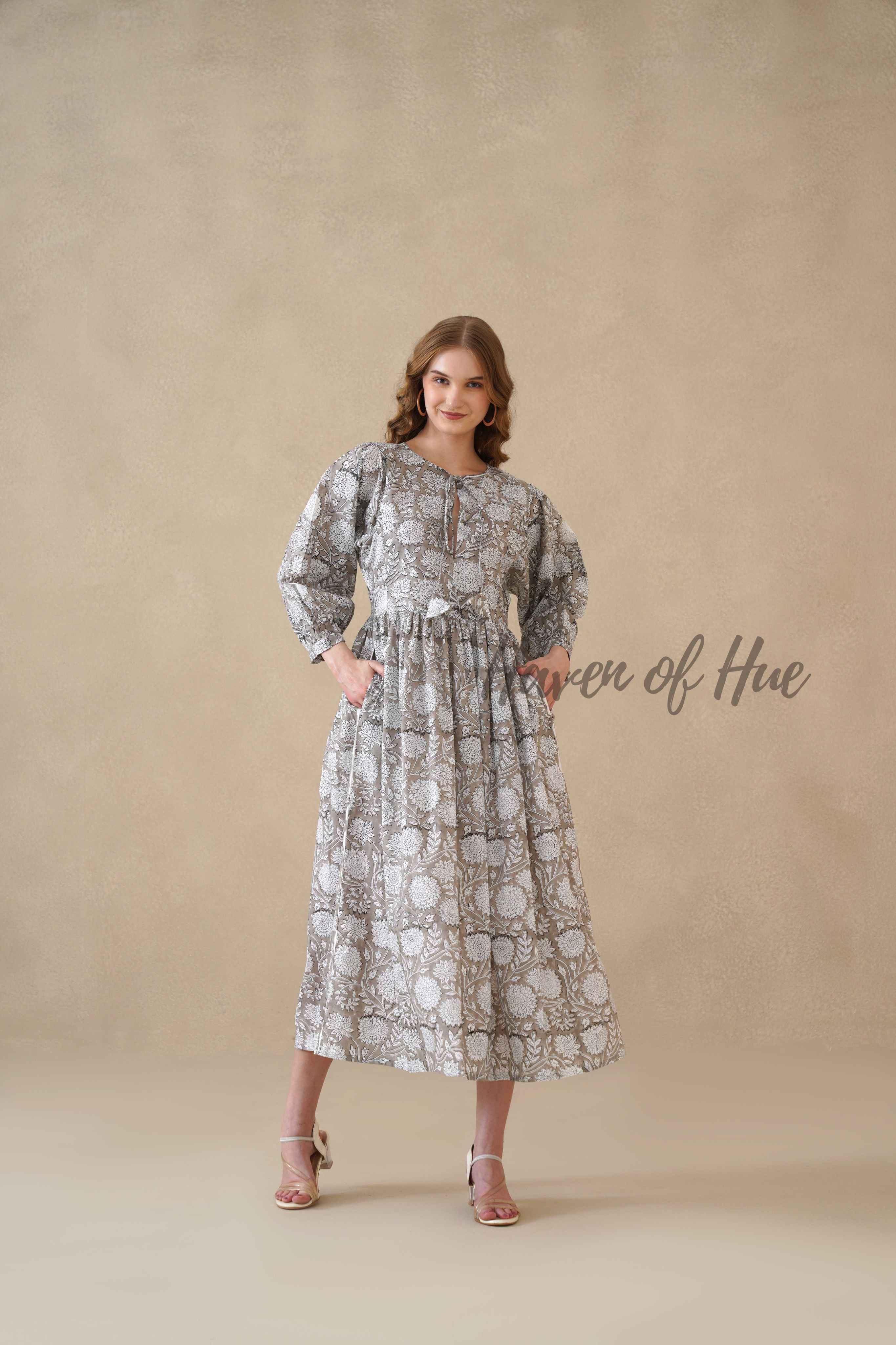 Grey Cotton Tiered Dress – Boho Floral Short Sleeve Midi